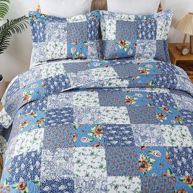 BEDIFANY Boho King Size Quilt Bedding Set - Lightweight Reversible Bedspreads King Size (98 x 106 inch) Coverlet Set with Flower Pattern - Plaid King Quilt Sets for Decorations, 3 Pieces