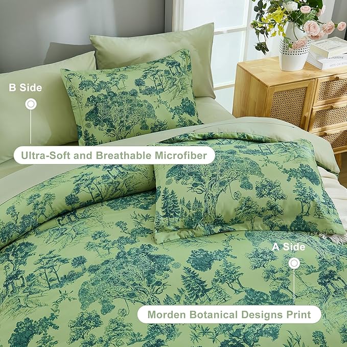 DJY King Size Comforter Sets, 7 Pieces Bed in a Bag King Green Botanical Comforter Set with Sheets, White Elegant Plants Print Soft Microfiber Reversible Complete Bedding Sets for All Season