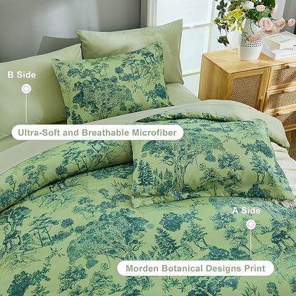 DJY King Size Comforter Sets, 7 Pieces Bed in a Bag King Green Botanical Comforter Set with Sheets, White Elegant Plants Print Soft Microfiber Reversible Complete Bedding Sets for All Season
