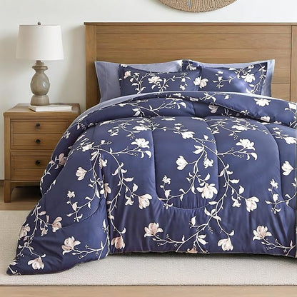 AIKASY Bed in a Bag Queen Comforter Set，7 Pieces Floral Comforter Set Bedding Sets with (1 Comforter, 2 Pillow Shams, 1 Flat Sheet, 1 Fitted Sheet, 2 Pillowcases) (Navy, Queen)