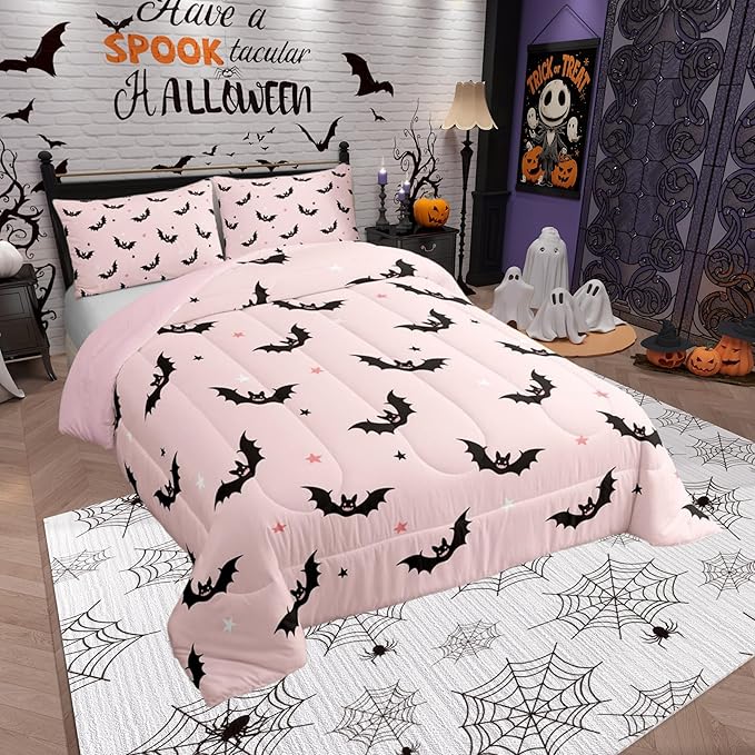 Castle Fairy Colorful Star Pink Bedding Set for Boys Girls,Cut Black Bat All Season Cozy Comforter Set Full Size,Happy Halloween Theme Duvet Set Bedroom Decor,Personalized Birthday Gifts