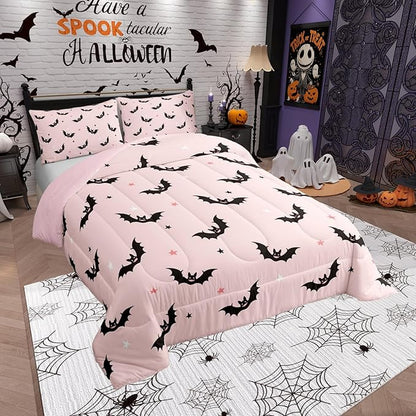 Castle Fairy Colorful Star Pink Bedding Set for Boys Girls,Cut Black Bat All Season Cozy Comforter Set Full Size,Happy Halloween Theme Duvet Set Bedroom Decor,Personalized Birthday Gifts