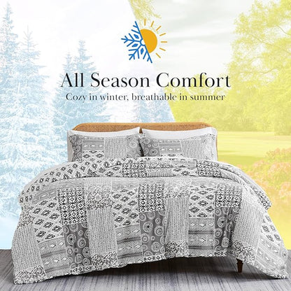 Southshore Fine Living, Inc. Twin Comforter Set with One Pillow Sham, Reversible Bedding Set - Global Patchwork Quilt - Alternative Down Comforter for Twin/XL Mattress, Soft Microfiber, Grey & White