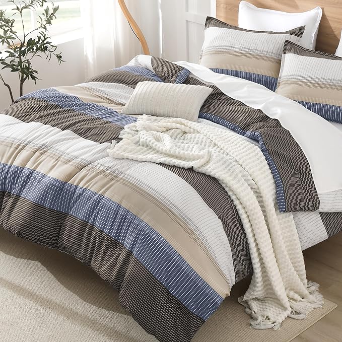 Litanika King Comforter Set Blue Brown - 3 Pieces Lightweight Fluffy Bedding Comforter Sets, All Season Down Alternative Comforter (1 Comforter, 2 Pillowcases)