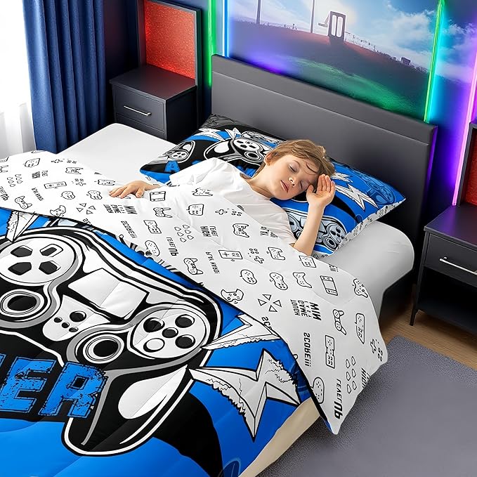 Erosebridal Gamer Comforter Sets for Boys Full Size,Gaming Bedding Sets for Boys Kids Teens Gamepad Gaming Comforter Set Game Room Decor,Blue Black 3Pcs