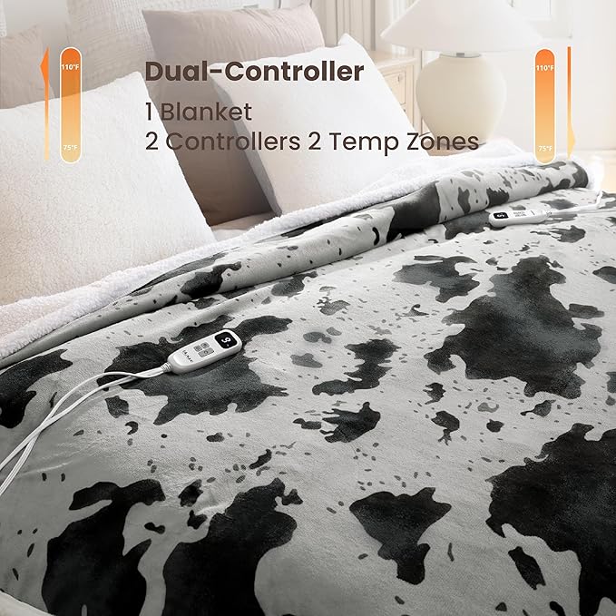 Cow Print Electric Heated Blanket Queen-Dual Control Heating Blanket Queen Size with 10 Heat Levels & 10 Hours Auto-Off, Cozy Soft Fleece Sherpa, Washable, 84x90 Inche Cow Print Grey