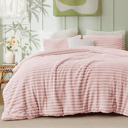 Bedsure Twin/Twin XL Comforter Set - GentleSoft™ 2 Pieces Fluffy Double-Side Fleece Comforter Set, Cozy Striped Room Decor Aesthetic, Luxury Pink Twin Bedding with 1 Pillowcase, 68x88 Inches