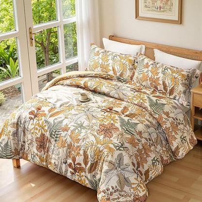 King Comforter Set - 3 Pieces Botanical Bedding Comforter Set, 1 Soft Orange Fall Plant Flowers Comforter (104"x90") and 2 Pillow Shams(20"x36") Ultra-Soft Comfort Suitable for All Seasons