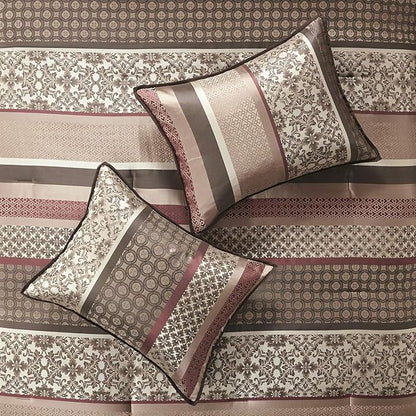 Madison Park Princeton Cozy Comforter Set - Luxurious Jaquard Traditional Damask Design, All Season Down Alternative Bedding with Matching Shams, Decorative Pillow, King(104"x92"), Red 7 Piece