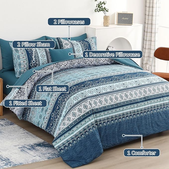 Cottolester Boho Comforter Set California King Size 8 Pieces, Teal Blue Comforter Bohemian Striped Bed in A Bag, Soft Microfiber Bedding Set for All Seasons