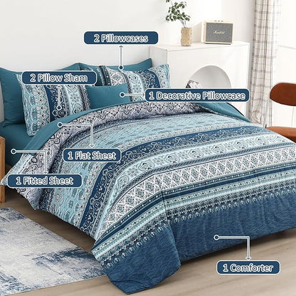 Cottolester Boho Blue Comforter Set Queen Size 8 Pieces,Teal Blue Comforter Bohemian Striped Bed in A Bag,Soft Microfiber Bedding Set for All Seasons
