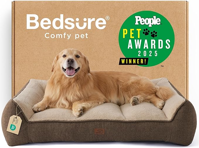Bedsure SupportMax XL Plus Orthopedic Dog Beds Large Sized Dog - Extra Thick Supportive Dogs Couch with Waterproof Washable Cover, Jumbo Comfort Pet Sofa with Soft Sherpa & Nonskid Bottom, Brown, 48"