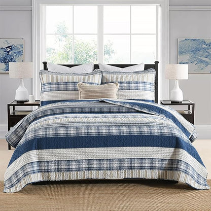 Homzard King Size Comforter Set - 100% Cotton Blue White Tan Quilt King Size,Farmhouse Plaid Striped Bedspread Set,Reversible Lightweight Quilts 3 Pieces