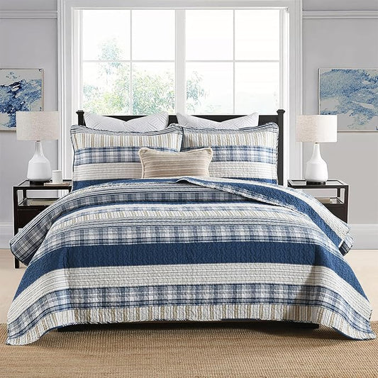 Homzard King Size Comforter Set - 100% Cotton Blue White Tan Quilt King Size,Farmhouse Plaid Striped Bedspread Set,Reversible Lightweight Quilts 3 Pieces