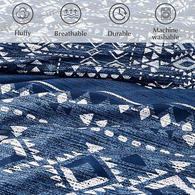 Geniospin Queen Comforter Set - 7 Pieces Comforters Queen Size, Warm Fluffy Boho Bedding Sets for All Seasons, Bed in a Bag with Flat Sheet and Fitted Sheet, Pillowcase & Sham (Blue, 90''x90'')
