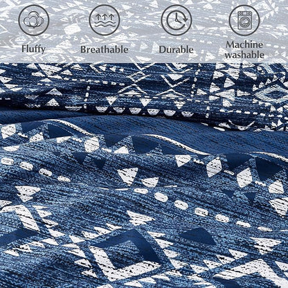 Geniospin Queen Comforter Set - 7 Pieces Comforters Queen Size, Warm Fluffy Boho Bedding Sets for All Seasons, Bed in a Bag with Flat Sheet and Fitted Sheet, Pillowcase & Sham (Blue, 90''x90'')