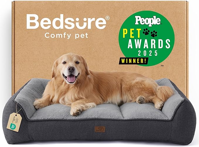 Bedsure SupportMax XL Plus Orthopedic Dog Beds Large Sized Dog - Extra Thick Supportive Dogs Couch with Waterproof Washable Cover, Jumbo Comfort Pet Sofa with Soft Sherpa and Nonskid Bottom, Grey, 48"