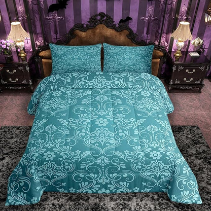 Feelyou Adults Teal Vintage Damask Floral Comforter Set Oriental Antique Comforter Twin Size Gothic Bohemia Boho Flower Bedding Set Bohemian Exotic Duvet Set Quilt Set 2Pcs