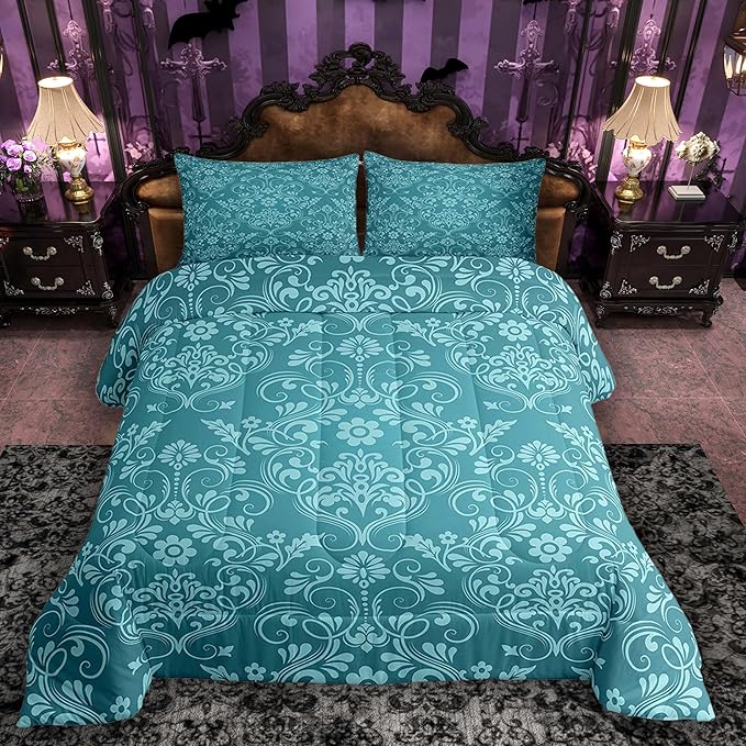 Feelyou Adults Teal Vintage Damask Floral Comforter Set Oriental Antique Comforter King Size Gothic Bohemia Boho Flower Bedding Set Bohemian Exotic Duvet Set Quilt Set 3Pcs