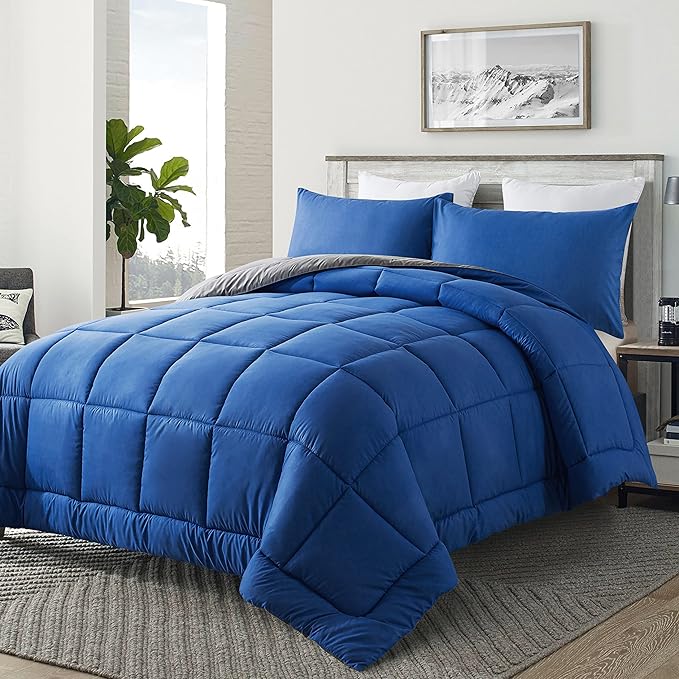 DOWNCOOL King Size Comforter Set -All Season Bedding Comforters Sets with 2 Pillow Cases -3 Pieces Bed Set Down Alternative King Bedding Set -Blue/Grey King Comforter Set(102"x90")