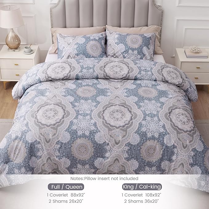Sophia & William Foggy Blue Damask King Size Comforter Set, 3 Pcs Cotton Comforter Set with Printed Comforter & 2 Pillowcases, All Season Lightweight Bedding Set