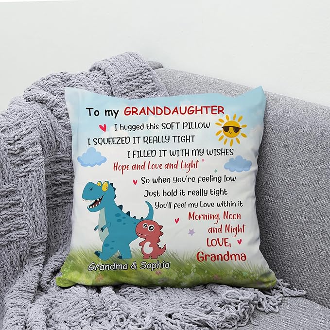 Hyturtle Personalized Granddaughter Throw Pillow (Insert Included) Gifts from Grandma - Birthday Graduation Gifts for Granddaughter - Dinosaur Custom Name Sofa Couch Home Decor Pillow