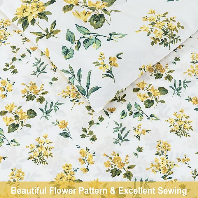 Floral Queen Comforter Set with Sheets, 7 Piece Luxury Vintage Bedding, Soft Microfiber Bed in a Bag, Cozy Lightweight Bed Set, Yellow Flower Green Leaves
