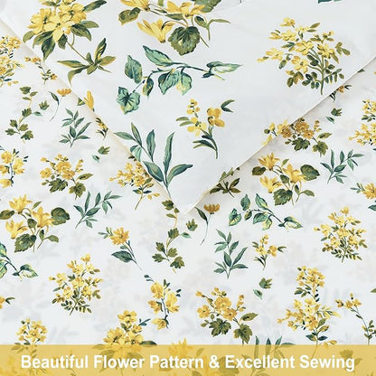 Floral Queen Comforter Set with Sheets, 7 Piece Luxury Vintage Bedding, Soft Microfiber Bed in a Bag, Cozy Lightweight Bed Set, Yellow Flower Green Leaves