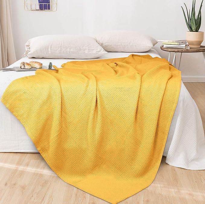 GLAMBURG 100% Cotton Thermal Blanket, Breathable Waffle Blanket, King Size, All Season, Mustard Yellow
