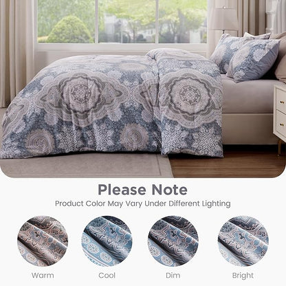 Sophia & William Foggy Blue Damask King Size Comforter Set, 3 Pcs Cotton Comforter Set with Printed Comforter & 2 Pillowcases, All Season Lightweight Bedding Set