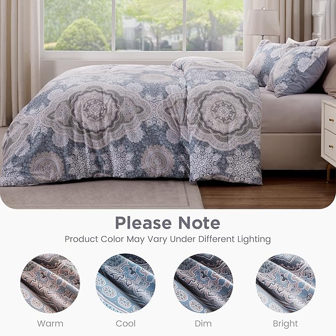 Sophia & William Foggy Blue Damask Queen Size Comforter Set, 3 Pcs Cotton Comforter Set with Printed Comforter & 2 Pillowcases, All Season Lightweight Bedding Set