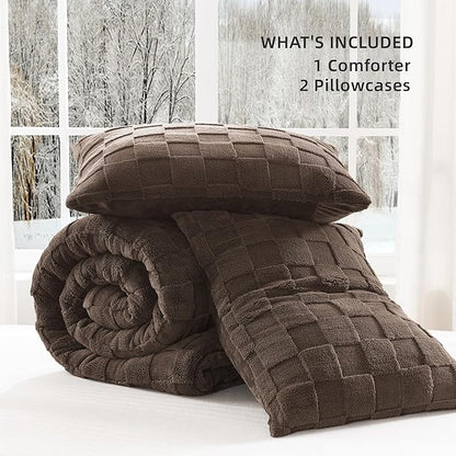 Litanika Fluffy Queen Size Comforter Set Brown, 3 Pieces Warm Sherpa Fleece Winter Bedding Set, Jacquard Checkered Plush Fuzzy Bed Set(1 Comforter, 2 Pillowcases)