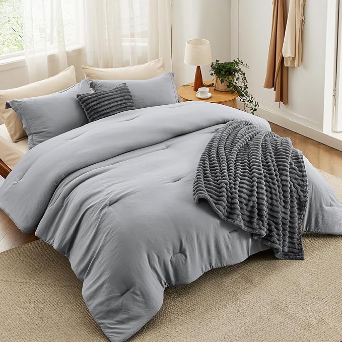 Bedsure Full Comforter Set 5 Pieces - Bed in a Bag with Fleece Throw Blanket and Decorative Pillow, Lightweight Bedding Comforter Sets, All Season Bedding, Dark Grey
