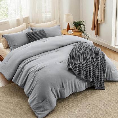 Bedsure Full Comforter Set 5 Pieces - Bed in a Bag with Fleece Throw Blanket and Decorative Pillow, Lightweight Bedding Comforter Sets, All Season Bedding, Dark Grey