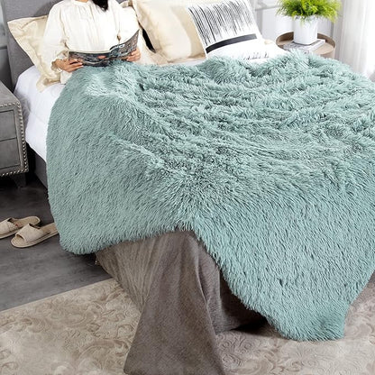 JONIYEAR Extra Large Decorative Fluffy Faux Fur Blanket Full Size 71" x 80",Soft Luxury Lightweight Furry Blankets,Accent Cozy Shaggy Plush Fuzzy Blankets for Bed Couch,Thick Warm Winter Blanket, Aqua