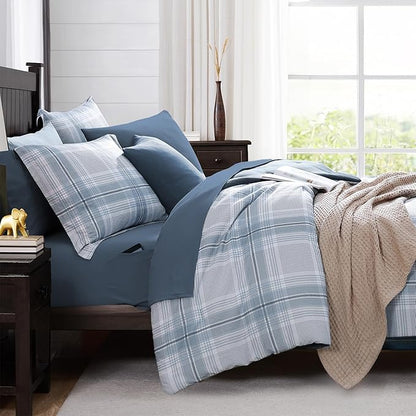 MaiRêve Plaid Twin XL Comforter Set, Light Blue Grid Bedding Set for Boys & Girls, Classic Checkered Bed in A Bag Comforter Sets with Fitted & Flat Sheet, Pillowcase & Sham(Light Blue, 66"x90")
