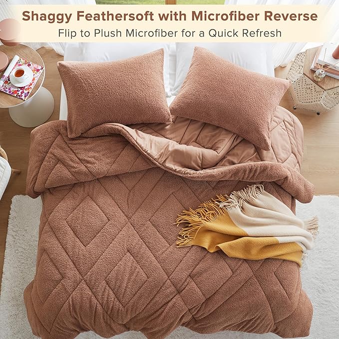Comfort Spaces Queen Comforter Set Reversible Feather-Soft Plush Comforters for Queen Size Bed All Season Lightweight Shearling Fleece Sherpa Comforter Queen Size Bed Set, Full/Queen, Brown 3 Piece
