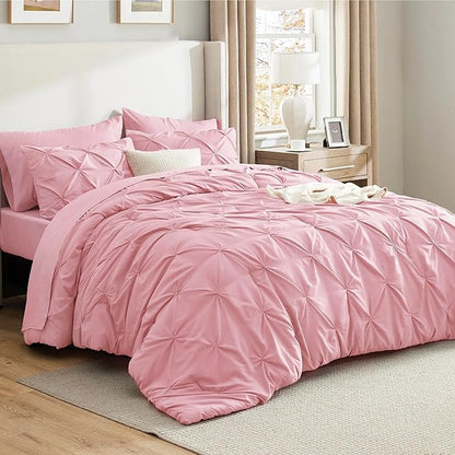 Bedsure Twin Comforter Set Baby Pink - Bed in a Bag Twin Size Bedding 5 Pieces, GentleSoft™ Pintuck Bed Set Gift for Family, Pinch Pleat Pink Comforter with Sheets, Pillowcase & Sham