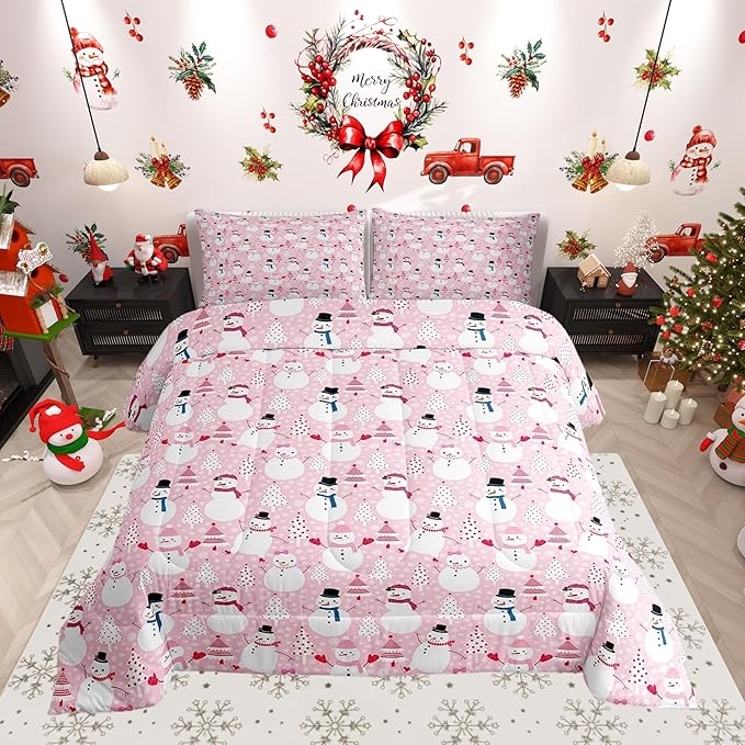 Castle Fairy Merry Christmas Bed Comforter Set Queen Size,Cartoon Pink Dreamy Super Soft Microfiber Bedding Set for Adults Teens,Snowman Christmas Tree Comforter Set,2 Pillowcases