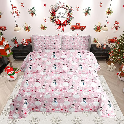 Cartoon Pink Dreamy Boys Girls Comforter Set Full Size,Snowman Christmas Tree Duvet Set Teens Bedroom Decor,Merry Christmas Microfiber Soft Bedding