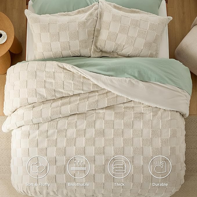 Bedsure Twin/Twin XL Comforter Set Dusty Rose, Boho Tufted Bed Set, Checkered Farmhouse Shabby Chic Bedding, 2 Pieces, 1 Plaid Geometric Comforter and 1 Pillow Sham