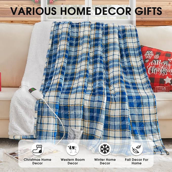 Blue Heated Blanket Electric Throw 50X60 Heating Throw with 10 Levels 8 Hours Auto Off, Plaid Sherpa Blanket Winter Warmer, Christmas Housewarming Gifts for Women Mom, Home Decor for Couch Bed Office