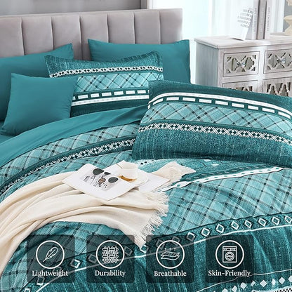 WONGS BEDDING 8 Piece King Size Comforter Set, Teal Texture Striped Bed in a Bag Comforter and Sheet Set, Boho Lightweight Microfiber Bedding Set for All Season (90"×104")