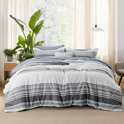 Bedsure Full Comforter Set 7 Pieces, Dark Grey Striped Bedding Set for All Seasons, Reversible, Cationic Dyeing Bed in a Bag with Comforter, Sheets, Pillowcases & Shams