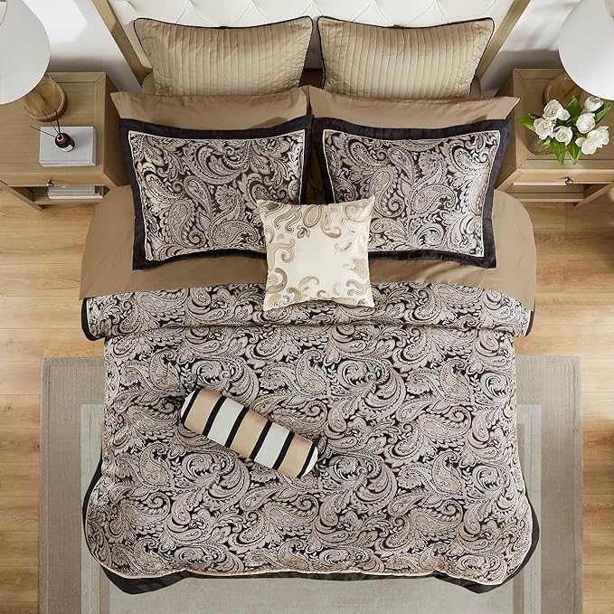 Madison Park Aubrey Cozy Comforter Set, Faux Silk Jacquard Paisley Design - All Season Down Alternative Bedding with Cotton Bed Sheets, Bed Skirt & Toss Pillows, King Black 12 Piece