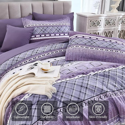 WONGS BEDDING 8 Piece King Size Comforter Set, Texture Striped Bed in a Bag Purple Comforter and Sheet Set, Boho Lightweight Microfiber Bedding Set for All Season (90"×104")