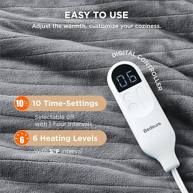 Bedsure Electric Blanket Twin - Soft Flannel Heated Blanket Twin Size, GentleSoft Fast Heating with 10 Time Settings & 6 Heat Settings, Warm Gift for Grandma (62x84 inches, Grey)