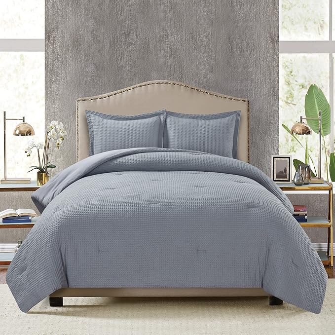 Chezmoi Collection Wilmer 3-Piece Waffle Weave Comforter Set - Soft and Cozy All Season Bedding Set, King, Gray
