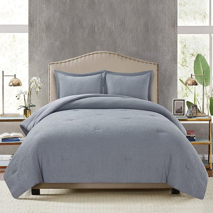 Chezmoi Collection Wilmer 3-Piece Waffle Weave Comforter Set - Soft and Cozy All Season Bedding Set, King, Gray