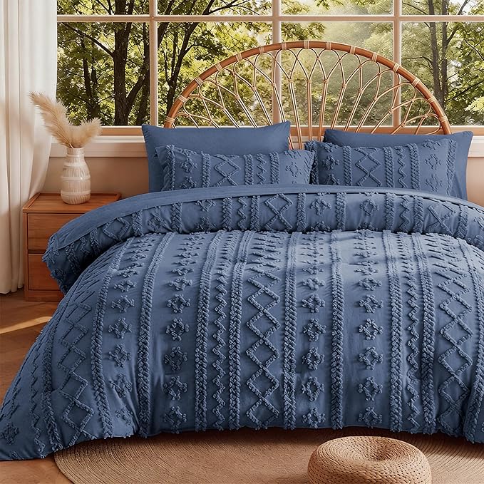 MR&HM King Size Comforter Set Navy Blue, 7 Pieces Tufted Boho Beddding Sets, Farmhouse Style Bed in a Bag with 1 Comforter, 2 Pillow Shams, 2 Pillowcases, 1 Flat Sheet, 1 Fitted Sheet